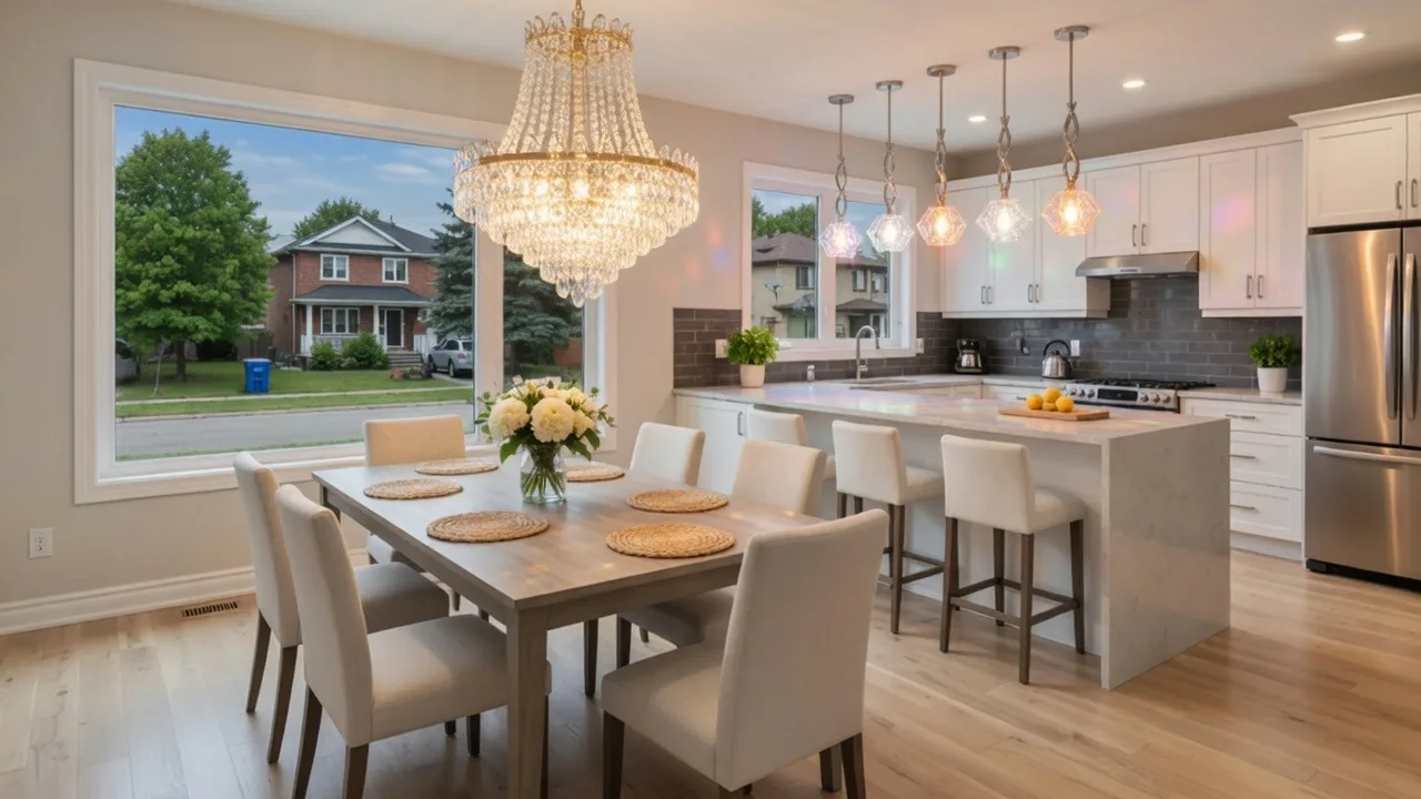 Same dining kitchen with invented chandelier and glowing pendant lights