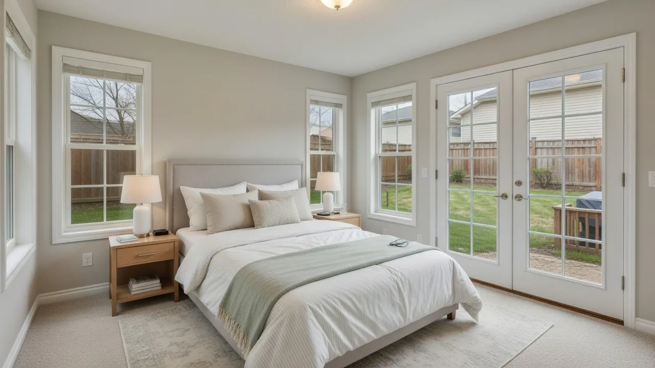 Same bedroom with AI-invented French doors changing the wall layout