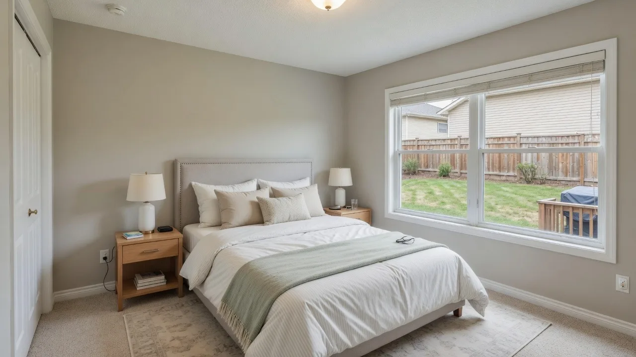 Same bedroom staged honestly with existing windows and real backyard