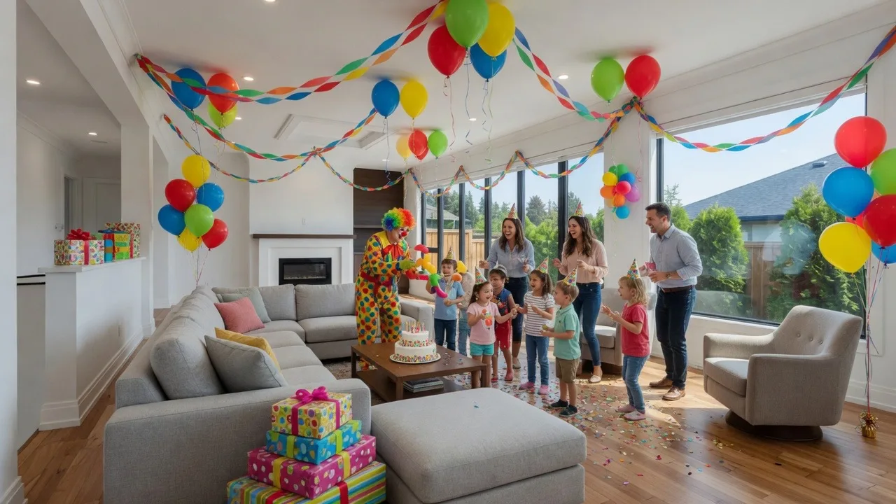 Living room kids birthday party with balloons and cake