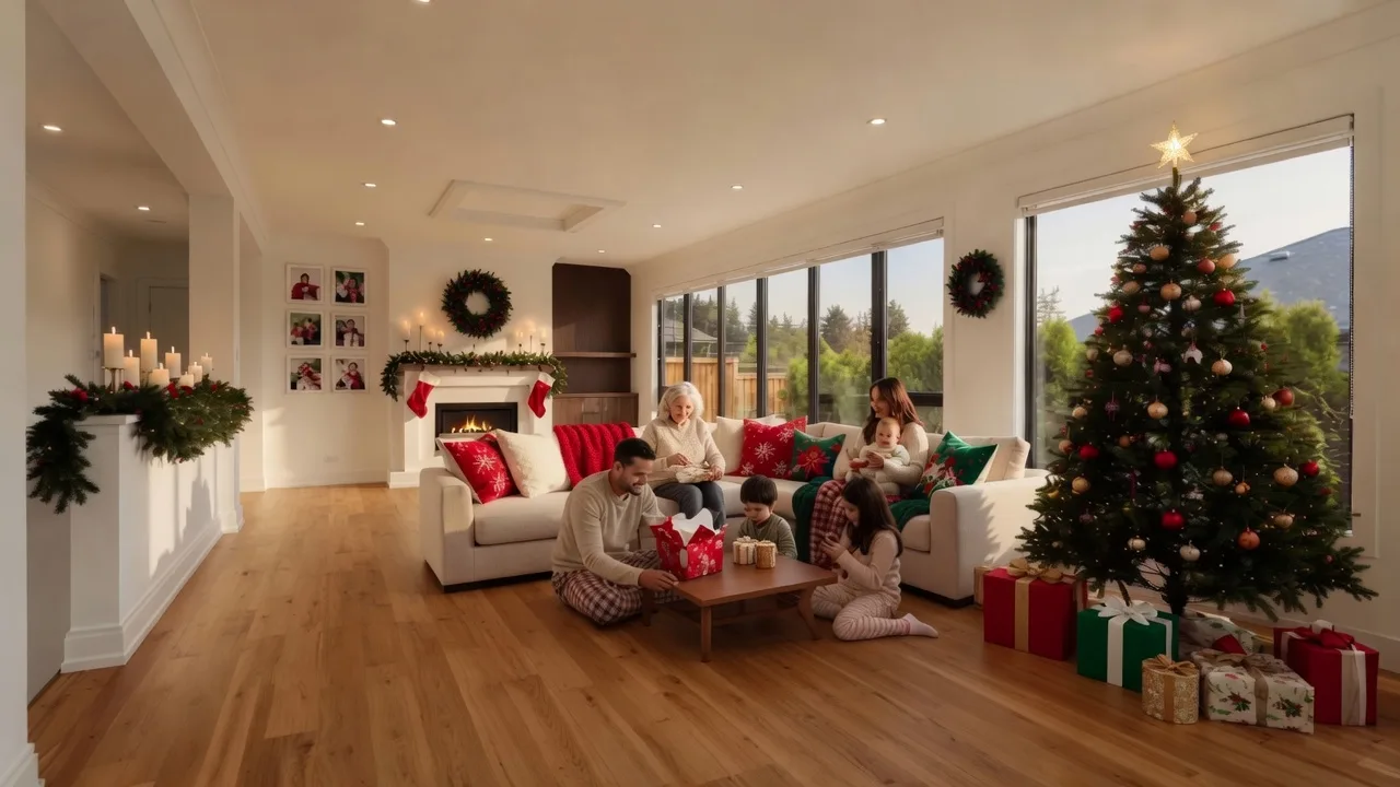 Living room Christmas morning with tree presents and decorations