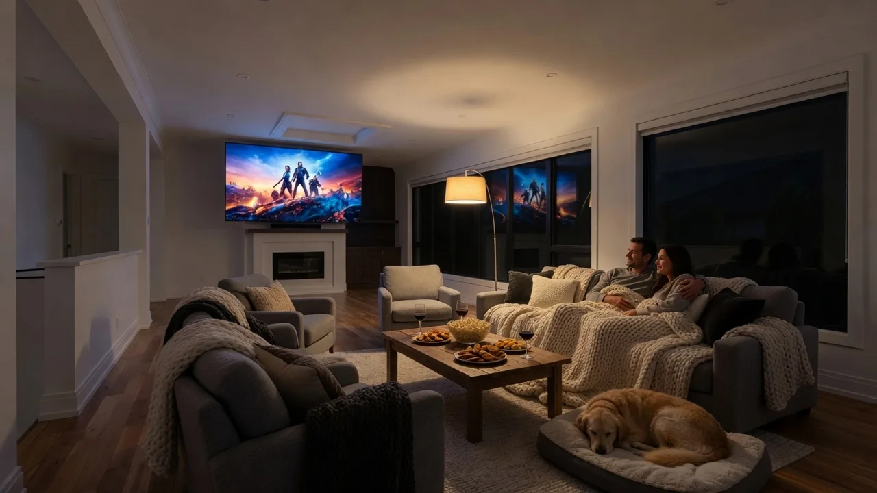 Living room movie night with sofa popcorn and TV glow