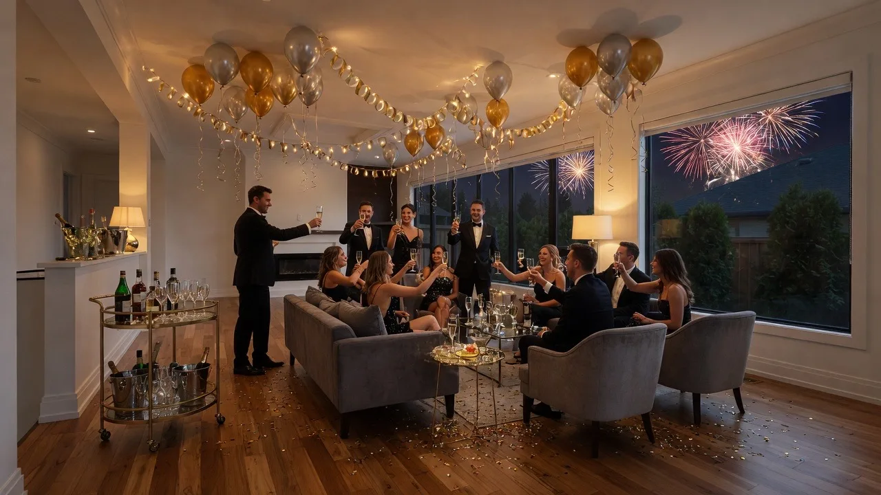 Living room New Year celebration with people toasting and fireworks outside